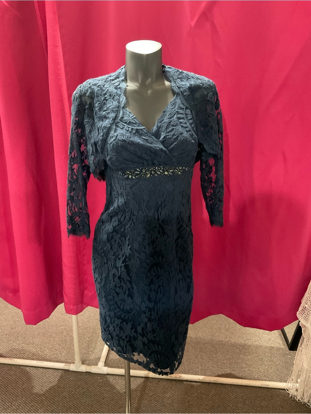 Elegant Navy Lace Sheath Dress with Beaded Waist and Matching Bolero
